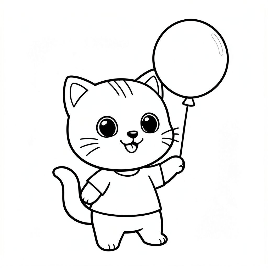 Baby cat holding a single floating balloon, smiling happily, Kawaii baby cat, big round head, tiny body, short legs, small paws, simple cute pose matching activity, large round eyes, small black nose, cute smile, chubby cheeks, 3 small lines on forehead, simple whiskers, 
small ears with inner detail, smooth tail curved, wearing simple shirt, thick bold clean outline, same line weight, no color, no shading, no grayscale, no extra detail, large open spaces, simple background, 
kid friendly style, ages 3 to 6 --ar 2:3