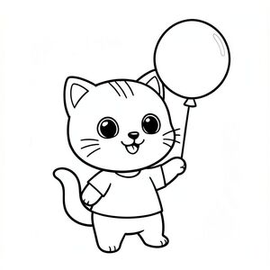 Baby cat holding a single floating balloon, smiling happily, Kawaii baby cat, big round head, tiny body, short legs, small paws, simple cute pose matching activity, large round eyes, small black nose, cute smile, chubby cheeks, 3 small lines on forehead, simple whiskers, 
small ears with inner detail, smooth tail curved, wearing simple shirt, thick bold clean outline, same line weight, no color, no shading, no grayscale, no extra detail, large open spaces, simple background, 
kid friendly style, ages 3 to 6 --ar 2:3