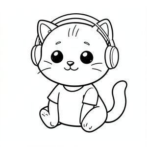 Baby cat wearing simple headphones, sitting relaxed and happy, Kawaii baby cat, big round head, tiny body, short legs, small paws, simple cute pose matching activity, large round eyes, small black nose, cute smile, chubby cheeks, 3 small lines on forehead, simple whiskers, 
small ears with inner detail, smooth tail curved, wearing simple shirt, thick bold clean outline, same line weight, no color, no shading, no grayscale, no extra detail, large open spaces, simple background, 
kid friendly style, ages 3 to 6 --ar 2:3
