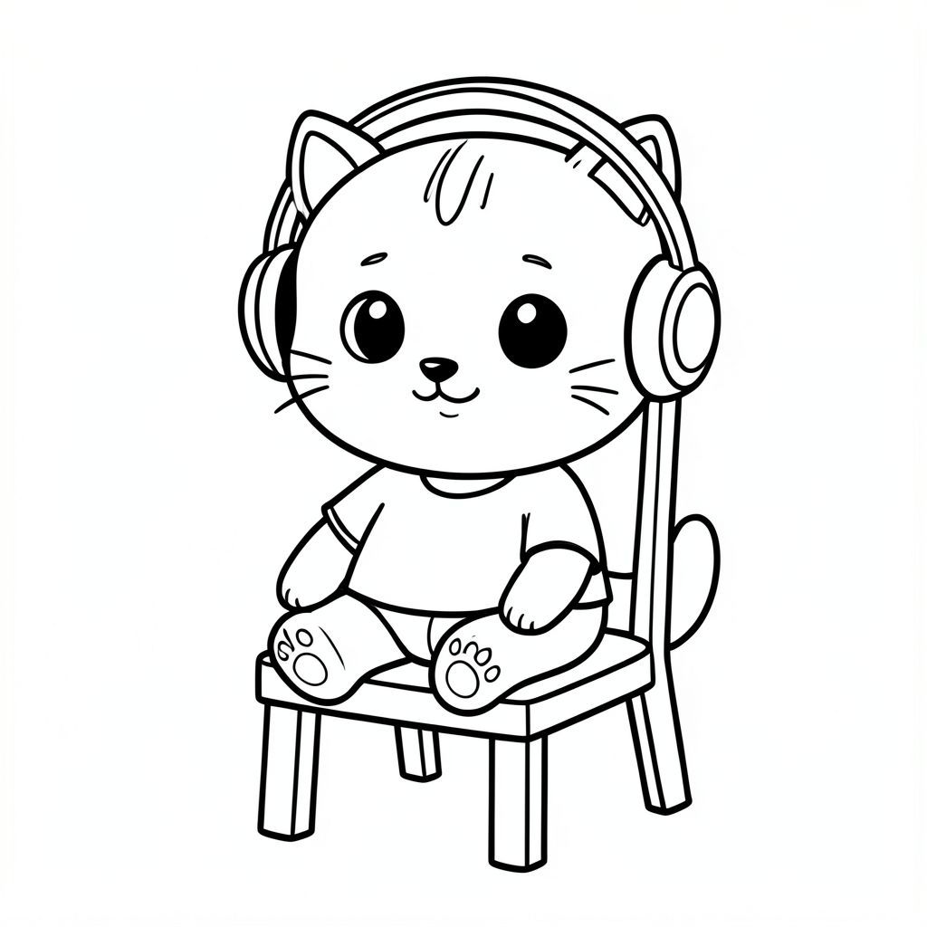 Baby cat wearing simple headphones, sitting relaxed and happy on chair, Kawaii baby cat, big round head, tiny body, short legs, small paws, simple cute pose matching activity, large round eyes, small black nose, cute smile, chubby cheeks, 3 small lines on forehead, simple whiskers, 
small ears with inner detail, smooth tail curved, wearing simple shirt, thick bold clean outline, same line weight, no color, no shading, no grayscale, no extra detail, large open spaces, simple background, 
kid friendly style, ages 3 to 6 --ar 2:3