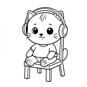 Baby cat wearing simple headphones, sitting relaxed and happy on chair, Kawaii baby cat, big round head, tiny body, short legs, small paws, simple cute pose matching activity, large round eyes, small black nose, cute smile, chubby cheeks, 3 small lines on forehead, simple whiskers, 
small ears with inner detail, smooth tail curved, wearing simple shirt, thick bold clean outline, same line weight, no color, no shading, no grayscale, no extra detail, large open spaces, simple background, 
kid friendly style, ages 3 to 6 --ar 2:3