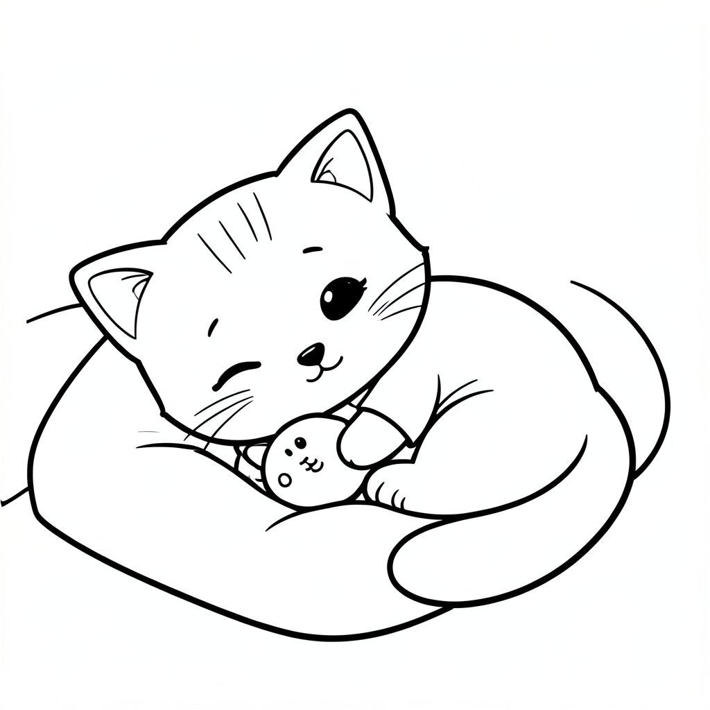 Baby cat sleeping peacefully while hugging a small toy, cozy bed scene, Kawaii baby cat, big round head, tiny body, short legs, small paws, simple cute pose matching activity, large round eyes, small black nose, cute smile, chubby cheeks, 3 small lines on forehead, simple whiskers, 
small ears with inner detail, smooth tail curved, wearing simple shirt, thick bold clean outline, same line weight, no color, no shading, no grayscale, no extra detail, large open spaces, simple background, 
kid friendly style, ages 3 to 6 --ar 2:3