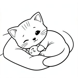 Baby cat sleeping peacefully while hugging a small toy, cozy bed scene, Kawaii baby cat, big round head, tiny body, short legs, small paws, simple cute pose matching activity, large round eyes, small black nose, cute smile, chubby cheeks, 3 small lines on forehead, simple whiskers, 
small ears with inner detail, smooth tail curved, wearing simple shirt, thick bold clean outline, same line weight, no color, no shading, no grayscale, no extra detail, large open spaces, simple background, 
kid friendly style, ages 3 to 6 --ar 2:3