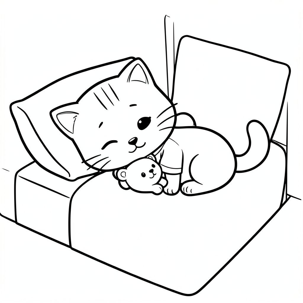 Baby cat sleeping peacefully on bed while hugging a small teedy bear, cozy bed scene, minimal bed and pillow, Kawaii baby cat, big round head, tiny body, short legs, small paws, simple cute pose matching activity, large round eyes, small black nose, cute smile, chubby cheeks, 3 small lines on forehead, simple whiskers, small ears with inner detail,  smooth tail curved, wearing simple shirt, thick bold clean outline, same line weight, no color, no shading, no grayscale, no extra detail, large open spaces, simple background, kid friendly style, ages 3 to 6 --ar 2:3