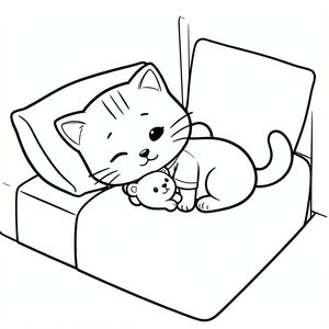 Baby cat sleeping peacefully on bed while hugging a small teedy bear, cozy bed scene, minimal bed and pillow, Kawaii baby cat, big round head, tiny body, short legs, small paws, simple cute pose matching activity, large round eyes, small black nose, cute smile, chubby cheeks, 3 small lines on forehead, simple whiskers, small ears with inner detail,  smooth tail curved, wearing simple shirt, thick bold clean outline, same line weight, no color, no shading, no grayscale, no extra detail, large open spaces, simple background, kid friendly style, ages 3 to 6 --ar 2:3