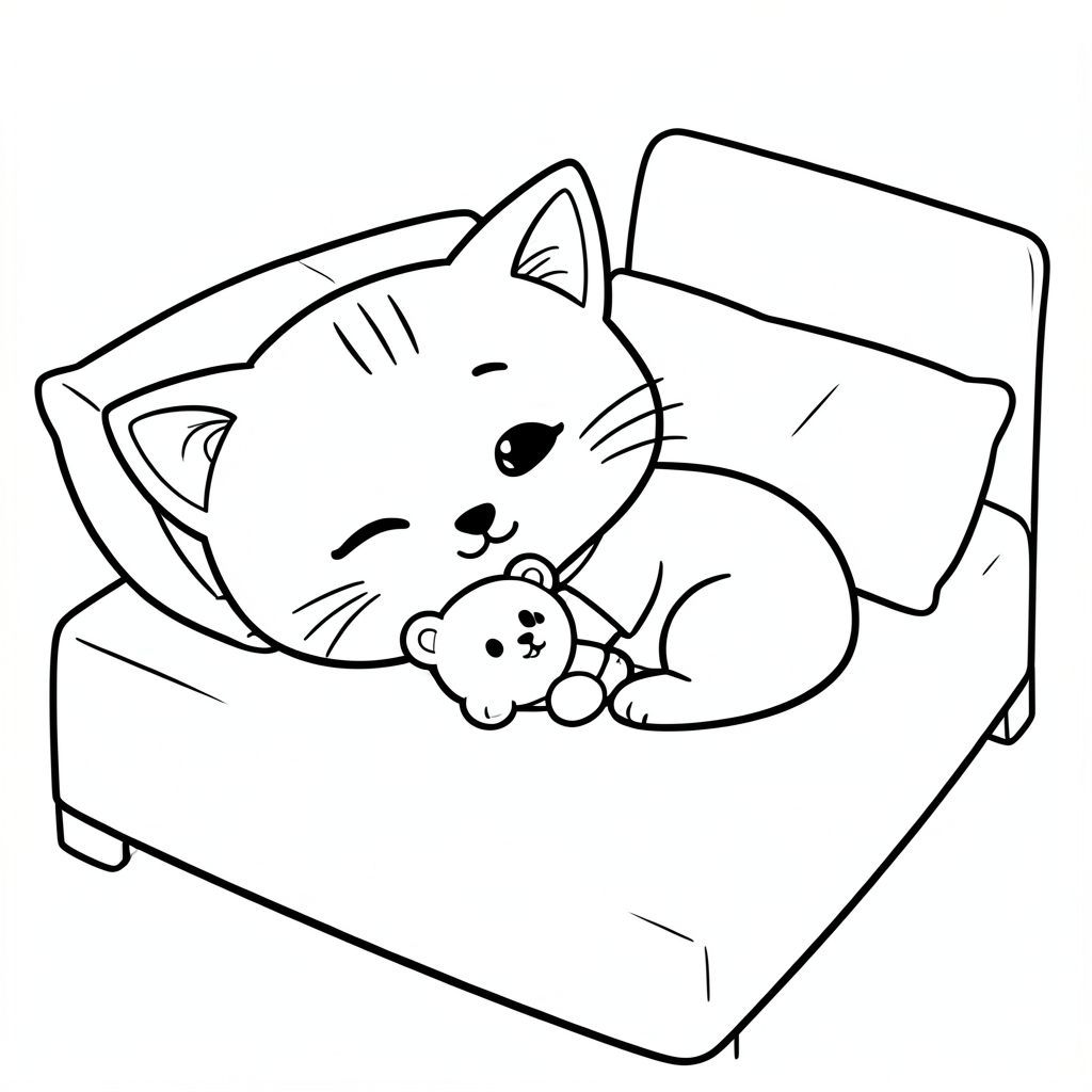 Baby cat sleeping peacefully while hugging a small teddy bear, cozy bed scene, minimal bed and pillow, Kawaii baby cat, big round head, tiny body, short legs, small paws, simple cute pose matching activity, large round eyes, small black nose, cute smile, chubby cheeks, 3 small lines on forehead, simple whiskers, small ears with inner detail,  smooth tail curved, wearing simple shirt, thick bold clean outline, same line weight, no color, no shading, no grayscale, no extra detail, large open spaces, simple background, kid friendly style, ages 3 to 6 --ar 2:3