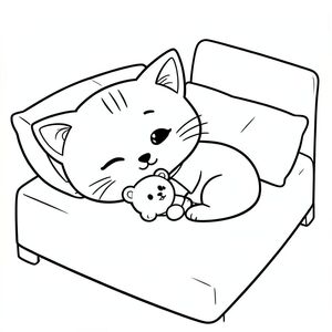Baby cat sleeping peacefully while hugging a small teddy bear, cozy bed scene, minimal bed and pillow, Kawaii baby cat, big round head, tiny body, short legs, small paws, simple cute pose matching activity, large round eyes, small black nose, cute smile, chubby cheeks, 3 small lines on forehead, simple whiskers, small ears with inner detail,  smooth tail curved, wearing simple shirt, thick bold clean outline, same line weight, no color, no shading, no grayscale, no extra detail, large open spaces, simple background, kid friendly style, ages 3 to 6 --ar 2:3