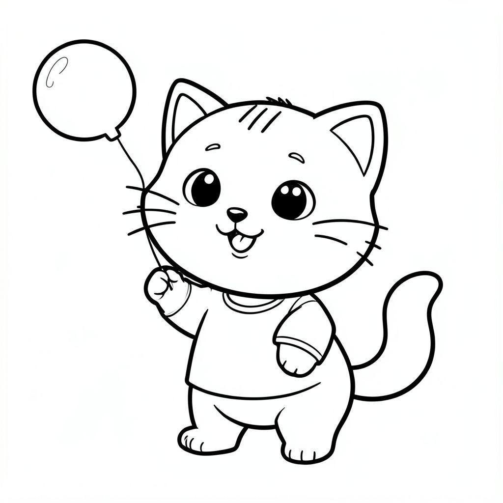 Kawaii baby cat blowing and playing with simple soap bubbles, happy smiling face, Kawaii baby cat, big round head, tiny body, short legs, small paws, simple cute pose matching activity, large round eyes, small black nose, cute smile, chubby cheeks, 3 small lines on forehead, simple whiskers, 
small ears with inner detail, smooth tail curved, wearing simple shirt, thick bold clean outline, same line weight, no color, no shading, no grayscale, no extra detail, large open spaces, simple background, 
kid friendly style, ages 3 to 6 --ar 2:3