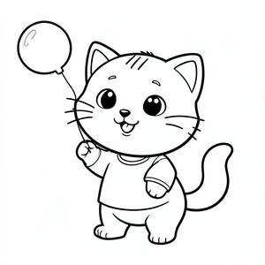 Kawaii baby cat blowing and playing with simple soap bubbles, happy smiling face, Kawaii baby cat, big round head, tiny body, short legs, small paws, simple cute pose matching activity, large round eyes, small black nose, cute smile, chubby cheeks, 3 small lines on forehead, simple whiskers, 
small ears with inner detail, smooth tail curved, wearing simple shirt, thick bold clean outline, same line weight, no color, no shading, no grayscale, no extra detail, large open spaces, simple background, 
kid friendly style, ages 3 to 6 --ar 2:3