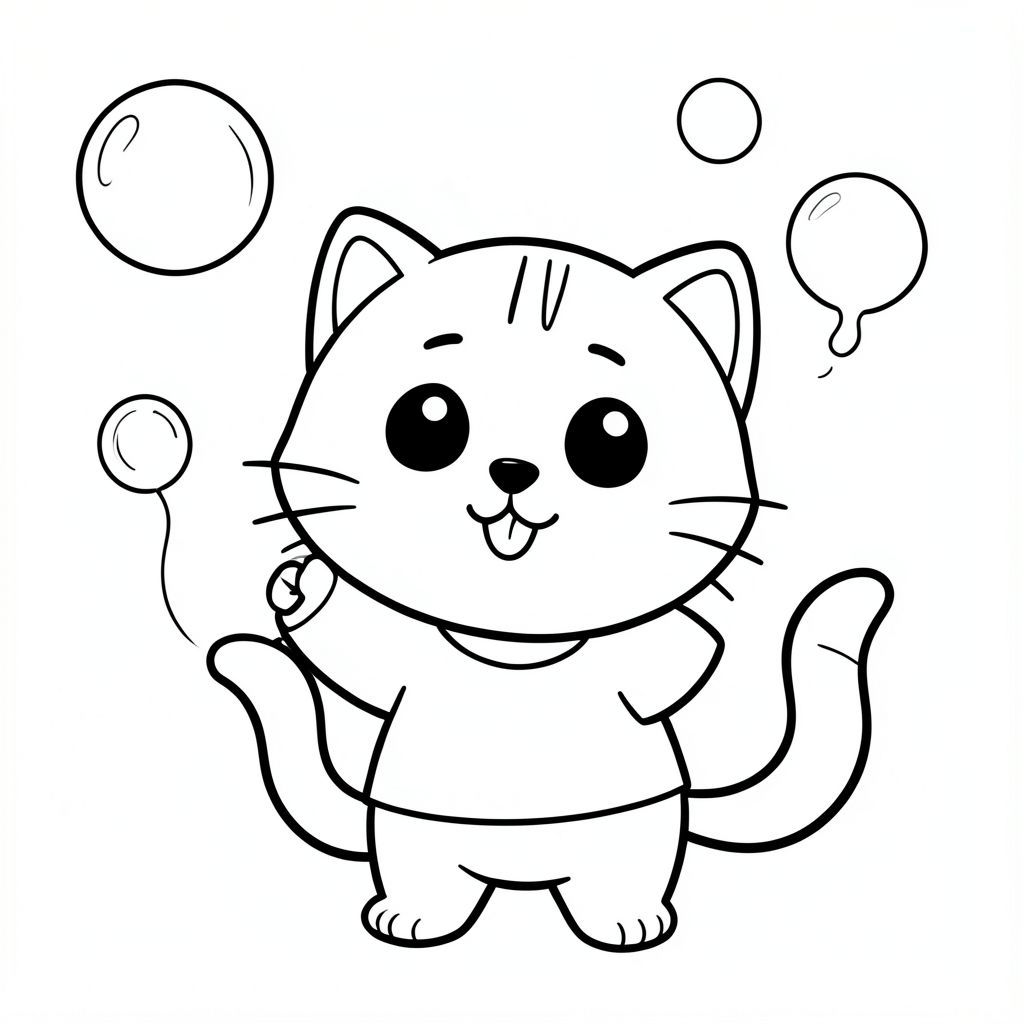 Kawaii baby cat blowing and playing with simple soap bubbles, soap bubbles floating in air, happy smiling face, keep hands clean and clear, Kawaii baby cat, big round head, tiny body, short legs, small paws, simple cute pose matching activity, large round eyes, small black nose, cute smile, chubby cheeks, 3 small lines on forehead, simple whiskers,  small ears with inner detail, smooth tail curved, wearing simple shirt, thick bold clean outline, same line weight, no color, no shading, no grayscale, no extra detail, large open spaces, simple background, kid friendly style, ages 3 to 6 --ar 2:3