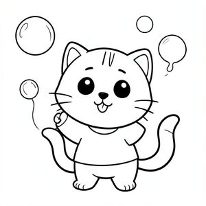 Kawaii baby cat blowing and playing with simple soap bubbles, soap bubbles floating in air, happy smiling face, keep hands clean and clear, Kawaii baby cat, big round head, tiny body, short legs, small paws, simple cute pose matching activity, large round eyes, small black nose, cute smile, chubby cheeks, 3 small lines on forehead, simple whiskers,  small ears with inner detail, smooth tail curved, wearing simple shirt, thick bold clean outline, same line weight, no color, no shading, no grayscale, no extra detail, large open spaces, simple background, kid friendly style, ages 3 to 6 --ar 2:3