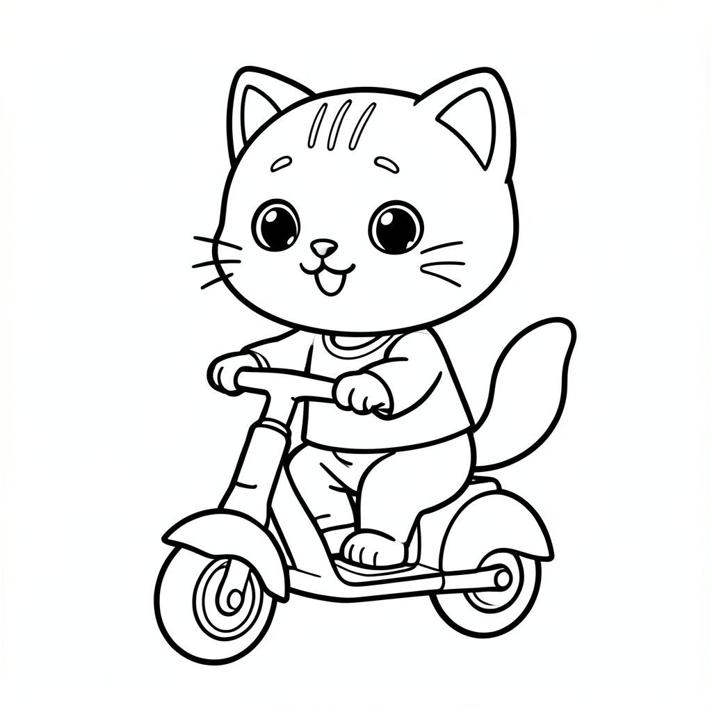 Baby cat riding a small simple scooter toy, cheerful expression, Kawaii baby cat, big round head, tiny body, short legs, small paws, simple cute pose matching activity, large round eyes, small black nose, cute smile, chubby cheeks, 3 small lines on forehead, simple whiskers, 
small ears with inner detail, smooth tail curved, wearing simple shirt, thick bold clean outline, same line weight, no color, no shading, no grayscale, no extra detail, large open spaces, simple background, 
kid friendly style, ages 3 to 6 --ar 2:3