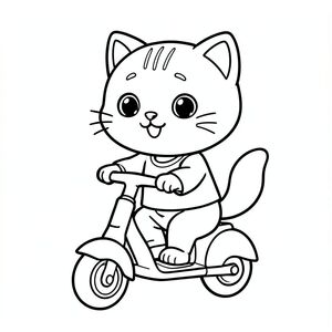 Baby cat riding a small simple scooter toy, cheerful expression, Kawaii baby cat, big round head, tiny body, short legs, small paws, simple cute pose matching activity, large round eyes, small black nose, cute smile, chubby cheeks, 3 small lines on forehead, simple whiskers, 
small ears with inner detail, smooth tail curved, wearing simple shirt, thick bold clean outline, same line weight, no color, no shading, no grayscale, no extra detail, large open spaces, simple background, 
kid friendly style, ages 3 to 6 --ar 2:3