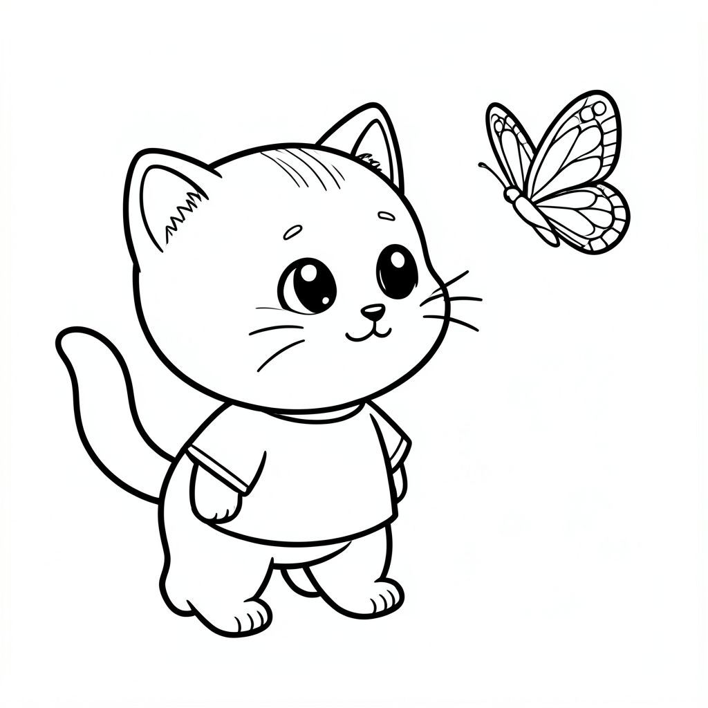 Baby cat standing and watching a simple butterfly flying nearby, cute curious expression, Kawaii baby cat, big round head, tiny body, short legs, small paws, simple cute pose matching activity, large round eyes, small black nose, cute smile, chubby cheeks, 3 small lines on forehead, simple whiskers, 
small ears with inner detail, smooth tail curved, wearing simple shirt, thick bold clean outline, same line weight, no color, no shading, no grayscale, no extra detail, large open spaces, simple background, 
kid friendly style, ages 3 to 6 --ar 2:3