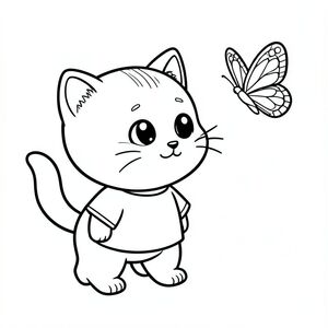 Baby cat standing and watching a simple butterfly flying nearby, cute curious expression, Kawaii baby cat, big round head, tiny body, short legs, small paws, simple cute pose matching activity, large round eyes, small black nose, cute smile, chubby cheeks, 3 small lines on forehead, simple whiskers, 
small ears with inner detail, smooth tail curved, wearing simple shirt, thick bold clean outline, same line weight, no color, no shading, no grayscale, no extra detail, large open spaces, simple background, 
kid friendly style, ages 3 to 6 --ar 2:3