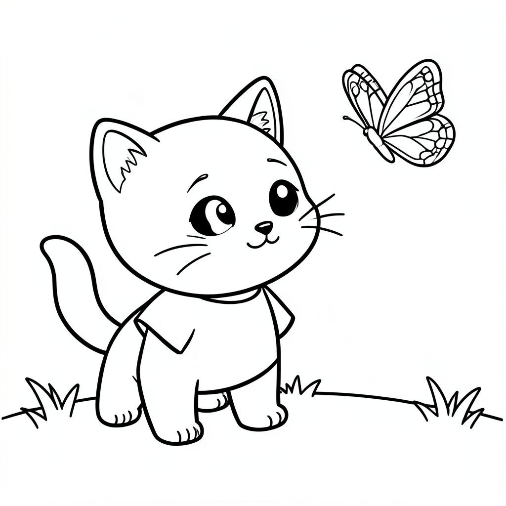 Baby cat standing and watching a simple butterfly flying in outdoor, cute curious expression, minimal outdoor grass with 2 butterfly flying nearby, Kawaii baby cat, big round head, tiny body, short legs, small paws, simple cute pose matching activity, large round eyes, small black nose, cute smile, chubby cheeks, 3 small lines on forehead, simple whiskers,  
small ears with inner detail, smooth tail curved, wearing simple shirt, thick bold clean outline, same line weight, no color, no shading, no grayscale, no extra detail, large open spaces, simple background, 
kid friendly style, ages 3 to 6 --ar 2:3