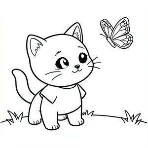 Baby cat standing and watching a simple butterfly flying in outdoor, cute curious expression, minimal outdoor grass with 2 butterfly flying nearby, Kawaii baby cat, big round head, tiny body, short legs, small paws, simple cute pose matching activity, large round eyes, small black nose, cute smile, chubby cheeks, 3 small lines on forehead, simple whiskers,  
small ears with inner detail, smooth tail curved, wearing simple shirt, thick bold clean outline, same line weight, no color, no shading, no grayscale, no extra detail, large open spaces, simple background, 
kid friendly style, ages 3 to 6 --ar 2:3
