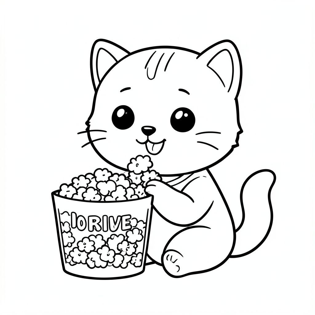 Kawaii baby cat sitting and eating simple popcorn from popcorn packing, happy smiling face, Kawaii baby cat, big round head, tiny body, short legs, small paws, simple cute pose matching activity, large round eyes, small black nose, cute smile, chubby cheeks, 3 small lines on forehead, simple whiskers, 
small ears with inner detail, smooth tail curved, wearing simple shirt, thick bold clean outline, same line weight, no color, no shading, no grayscale, no extra detail, large open spaces, simple background, 
kid friendly style, ages 3 to 6 --ar 2:3