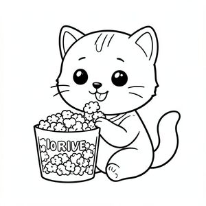 Kawaii baby cat sitting and eating simple popcorn from popcorn packing, happy smiling face, Kawaii baby cat, big round head, tiny body, short legs, small paws, simple cute pose matching activity, large round eyes, small black nose, cute smile, chubby cheeks, 3 small lines on forehead, simple whiskers, 
small ears with inner detail, smooth tail curved, wearing simple shirt, thick bold clean outline, same line weight, no color, no shading, no grayscale, no extra detail, large open spaces, simple background, 
kid friendly style, ages 3 to 6 --ar 2:3