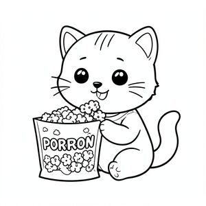 Kawaii baby cat sitting and eating simple popcorn from popcorn packing mentioning porporn word on packing, happy smiling face, Kawaii baby cat, big round head, tiny body, short legs, small paws, simple cute pose matching activity, large round eyes, small black nose, cute smile, chubby cheeks, 3 small lines on forehead, simple whiskers, small ears with inner detail,  smooth tail curved, wearing simple shirt, thick bold clean outline, same line weight, no color, no shading, no grayscale, no extra detail, large open spaces, simple background, kid friendly style, ages 3 to 6 --ar 2:3