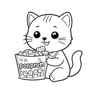 Kawaii baby cat sitting and eating simple popcorn from popcorn packing mentioning "porporn" word on packing, happy smiling face, Kawaii baby cat, big round head, tiny body, short legs, small paws, simple cute pose matching activity, large round eyes, small black nose, cute smile, chubby cheeks, 3 small lines on forehead, simple whiskers, small ears with inner detail,  smooth tail curved, wearing simple shirt, thick bold clean outline, same line weight, no color, no shading, no grayscale, no extra detail, large open spaces, simple background, kid friendly style, ages 3 to 6 --ar 2:3
