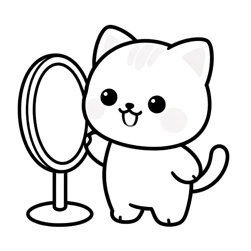 Baby cat standing and looking into a simple mirror, curious happy expression, Kawaii baby cat, big round head, tiny body, short legs, small paws, simple cute pose matching activity, large round eyes, small black nose, cute smile, chubby cheeks, 3 small lines on forehead, simple whiskers, 
small ears with inner detail, smooth tail curved, wearing simple shirt, thick bold clean outline, same line weight, no color, no shading, no grayscale, no extra detail, large open spaces, simple background, 
kid friendly style, ages 3 to 6 --ar 2:3
