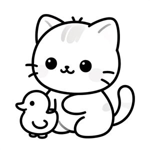 Baby cat sitting and playing with a small toy duck, happy expression, Kawaii baby cat, big round head, tiny body, short legs, small paws, simple cute pose matching activity, large round eyes, small black nose, cute smile, chubby cheeks, 3 small lines on forehead, simple whiskers, 
small ears with inner detail, smooth tail curved, wearing simple shirt, thick bold clean outline, same line weight, no color, no shading, no grayscale, no extra detail, large open spaces, simple background, 
kid friendly style, ages 3 to 6 --ar 2:3