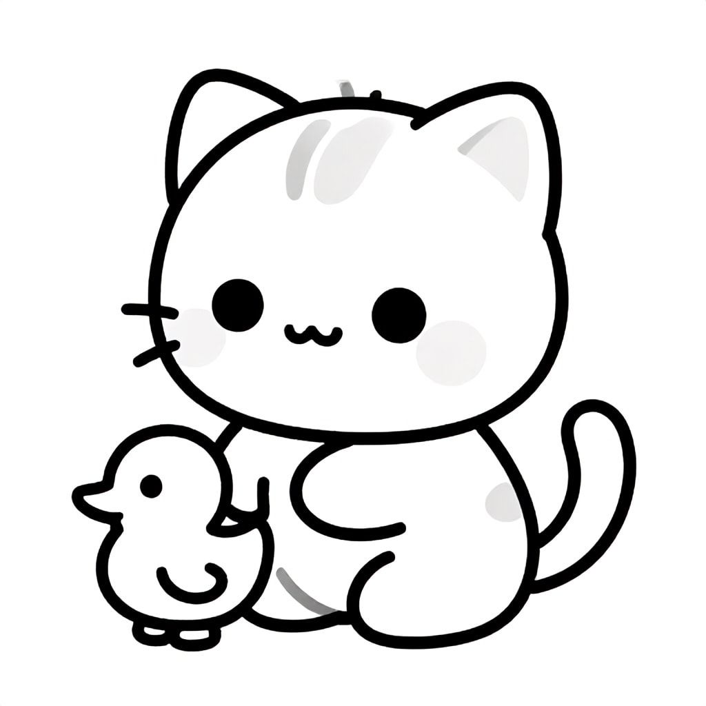 Baby cat sitting and playing with a small toy duck, Kawaii baby cat, big round head, tiny body, short legs, small paws, simple cute pose matching activity, large round eyes, small black nose, cute smile, chubby cheeks, 3 small lines on forehead, simple whiskers, 
small ears with inner detail, smooth tail curved, wearing simple shirt, thick bold clean outline, same line weight, no color, no shading, no grayscale, no extra detail, large open spaces, simple background, 
kid friendly style, ages 3 to 6 --ar 2:3