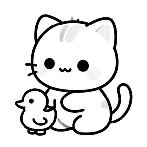 Baby cat sitting and playing with a small toy duck, Kawaii baby cat, big round head, tiny body, short legs, small paws, simple cute pose matching activity, large round eyes, small black nose, cute smile, chubby cheeks, 3 small lines on forehead, simple whiskers, 
small ears with inner detail, smooth tail curved, wearing simple shirt, thick bold clean outline, same line weight, no color, no shading, no grayscale, no extra detail, large open spaces, simple background, 
kid friendly style, ages 3 to 6 --ar 2:3