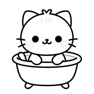 Kawaii baby cat character taking a simple bath in a small tub, happy cute expression, Kawaii baby cat, big round head, tiny body, short legs, small paws, simple cute pose matching activity, large round eyes, small black nose, cute smile, chubby cheeks, 3 small lines on forehead, simple whiskers, 
small ears with inner detail, smooth tail curved, wearing simple shirt, thick bold clean outline, same line weight, no color, no shading, no grayscale, no extra detail, large open spaces, simple background, 
kid friendly style, ages 3 to 6 --ar 2:3
