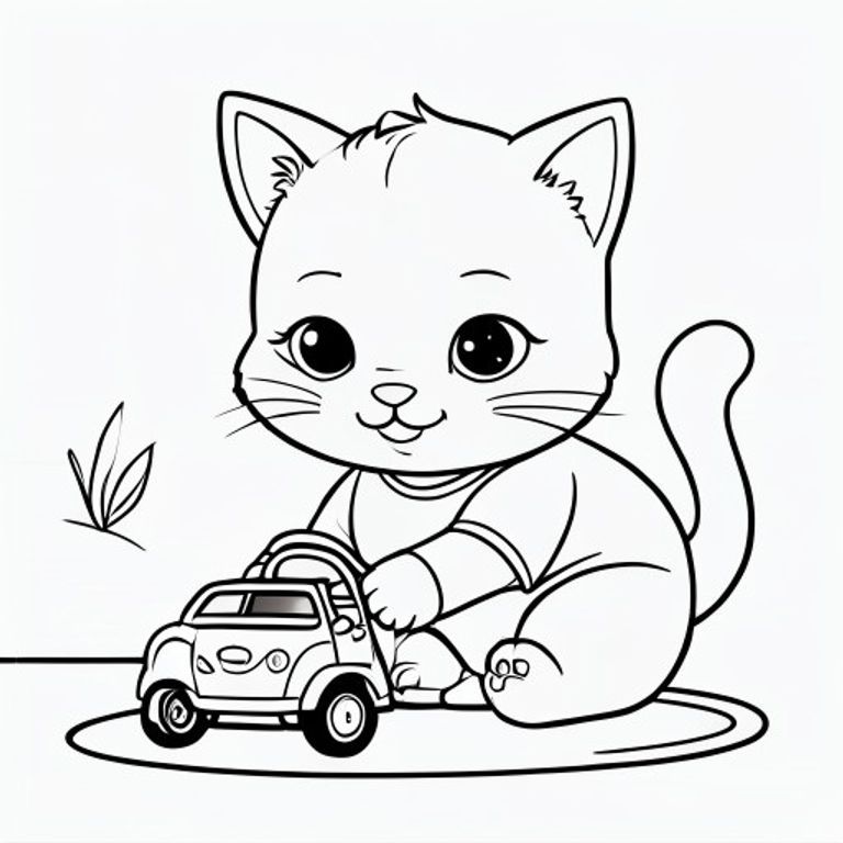 Baby cat placing a small toy car into a parking toy set, ute concentrated expression, minimal floor background, Kawaii baby cat, big round head, tiny body, short legs, small paws, simple cute pose matching activity, large round eyes, small black nose, cute smile, chubby cheeks, 3 small lines on forehead, simple whiskers, 
small ears with inner detail, smooth tail curved, wearing simple shirt, thick bold clean outline, same line weight, no color, no shading, no grayscale, no extra detail, large open spaces, simple background, 
kid friendly style, ages 3 to 6 --ar 2:3