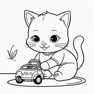 Baby cat placing a small toy car into a parking toy set, ute concentrated expression, minimal floor background, Kawaii baby cat, big round head, tiny body, short legs, small paws, simple cute pose matching activity, large round eyes, small black nose, cute smile, chubby cheeks, 3 small lines on forehead, simple whiskers, 
small ears with inner detail, smooth tail curved, wearing simple shirt, thick bold clean outline, same line weight, no color, no shading, no grayscale, no extra detail, large open spaces, simple background, 
kid friendly style, ages 3 to 6 --ar 2:3