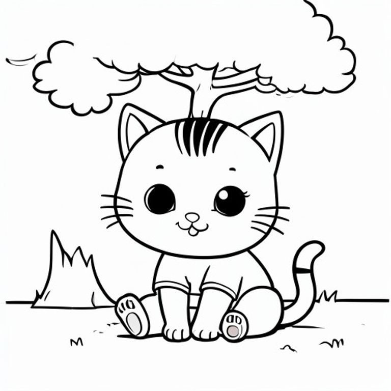 Baby cat sitting peacefully under a simple tree, relaxed cute expression, Kawaii baby cat, big round head, tiny body, short legs, small paws, simple cute pose matching activity, large round eyes, small black nose, cute smile, chubby cheeks, 3 small lines on forehead, simple whiskers, 
small ears with inner detail, smooth tail curved, wearing simple shirt, thick bold clean outline, same line weight, no color, no shading, no grayscale, no extra detail, large open spaces, simple background, 
kid friendly style, ages 3 to 6 --ar 2:3