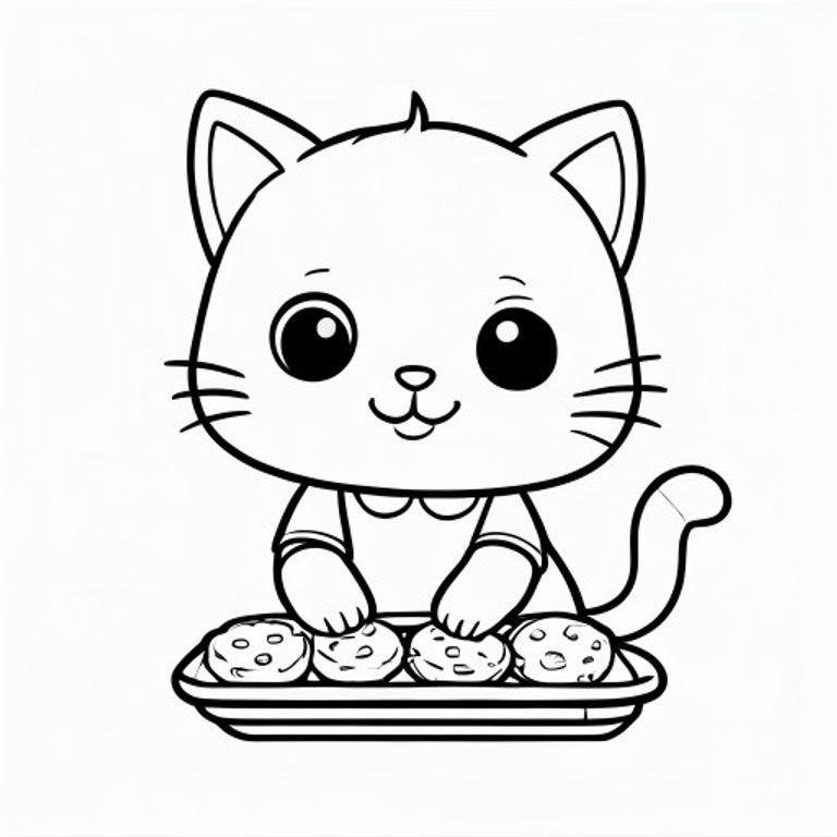 Kawaii baby cat placing cookies on a tray, happy focused expression, Kawaii baby cat, big round head, tiny body, short legs, small paws, simple cute pose matching activity, large round eyes, small black nose, cute smile, chubby cheeks, 3 small lines on forehead, simple whiskers, small ears with inner detail, smooth tail curved, wearing simple shirt,  thick bold clean outline, same line weight, no color, no shading, no grayscale, no extra detail, large open spaces, simple background, kid friendly style, ages 3 to 6 --ar 2:3