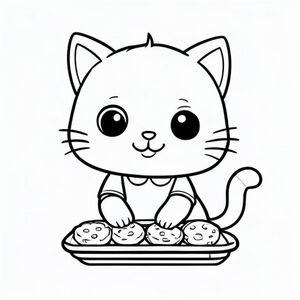 Kawaii baby cat placing cookies on a tray, happy focused expression, Kawaii baby cat, big round head, tiny body, short legs, small paws, simple cute pose matching activity, large round eyes, small black nose, cute smile, chubby cheeks, 3 small lines on forehead, simple whiskers, small ears with inner detail, smooth tail curved, wearing simple shirt,  thick bold clean outline, same line weight, no color, no shading, no grayscale, no extra detail, large open spaces, simple background, kid friendly style, ages 3 to 6 --ar 2:3
