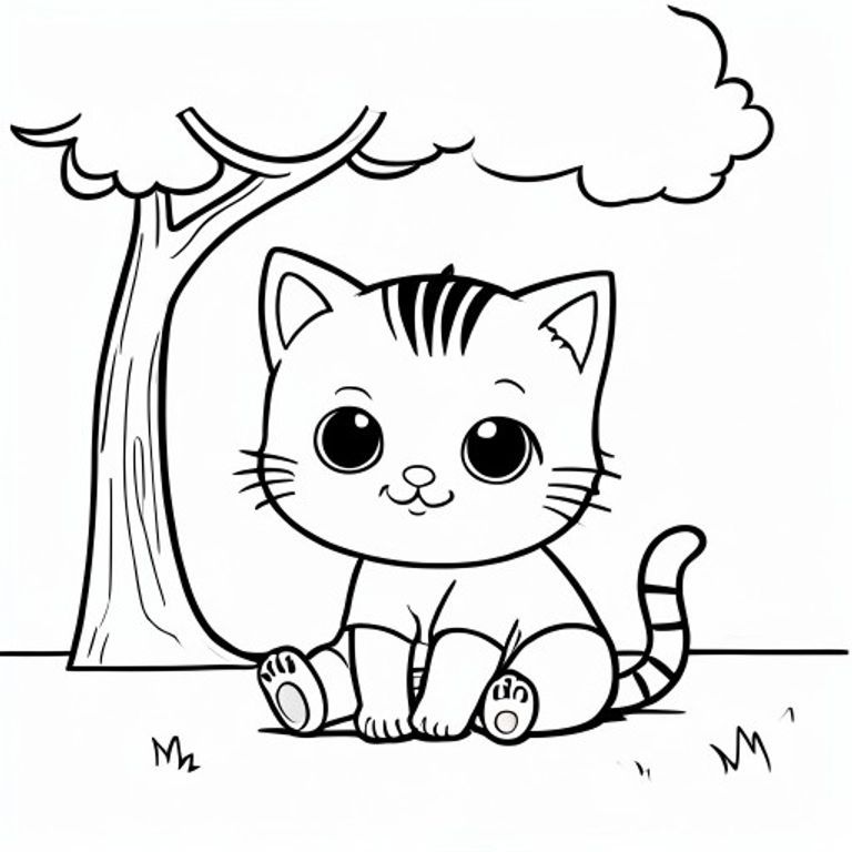 Baby cat sitting peacefully under a simple tree, relaxed cute expression, minimal outdoor corner, Kawaii baby cat, big round head, tiny body, short legs, small paws, simple cute pose matching activity, large round eyes, small black nose, cute smile, chubby cheeks, 3 small lines on forehead, simple whiskers, small ears with inner detail, smooth tail curved,  wearing simple shirt, thick bold clean outline, same line weight, no color, no shading, no grayscale, no extra detail, large open spaces, simple background, kid friendly style, ages 3 to 6 --ar 2:3