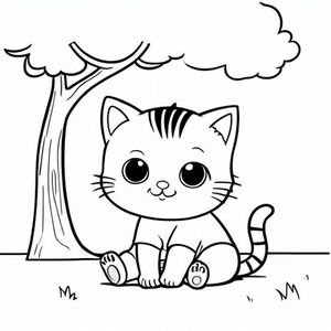 Baby cat sitting peacefully under a simple tree, relaxed cute expression, minimal outdoor corner, Kawaii baby cat, big round head, tiny body, short legs, small paws, simple cute pose matching activity, large round eyes, small black nose, cute smile, chubby cheeks, 3 small lines on forehead, simple whiskers, small ears with inner detail, smooth tail curved,  wearing simple shirt, thick bold clean outline, same line weight, no color, no shading, no grayscale, no extra detail, large open spaces, simple background, kid friendly style, ages 3 to 6 --ar 2:3