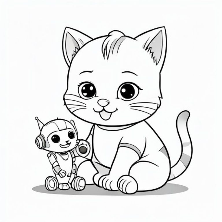 Baby cat interacting with a small cute toy robot, curious happy expression, Kawaii baby cat, big round head, tiny body, short legs, small paws, simple cute pose matching activity, large round eyes, small black nose, cute smile, chubby cheeks, 3 small lines on forehead, simple whiskers, 
small ears with inner detail, smooth tail curved, wearing simple shirt, thick bold clean outline, same line weight, no color, no shading, no grayscale, no extra detail, large open spaces, simple background, 
kid friendly style, ages 3 to 6 --ar 2:3