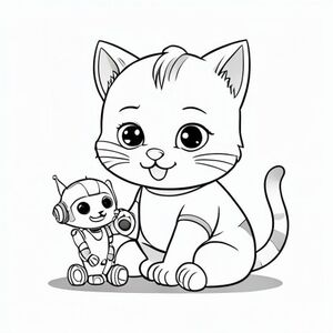 Baby cat interacting with a small cute toy robot, curious happy expression, Kawaii baby cat, big round head, tiny body, short legs, small paws, simple cute pose matching activity, large round eyes, small black nose, cute smile, chubby cheeks, 3 small lines on forehead, simple whiskers, 
small ears with inner detail, smooth tail curved, wearing simple shirt, thick bold clean outline, same line weight, no color, no shading, no grayscale, no extra detail, large open spaces, simple background, 
kid friendly style, ages 3 to 6 --ar 2:3