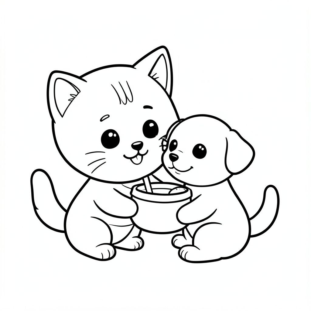 Baby cat gently feeding a small puppy with a bowl, friendly happy expression, Kawaii baby cat, big round head, tiny body, short legs, small paws, simple cute pose matching activity, large round eyes, small black nose, cute smile, chubby cheeks, 3 small lines on forehead, simple whiskers, 
small ears with inner detail, smooth tail curved, wearing simple shirt, thick bold clean outline, same line weight, no color, no shading, no grayscale, no extra detail, large open spaces, simple background, 
kid friendly style, ages 3 to 6 --ar 2:3