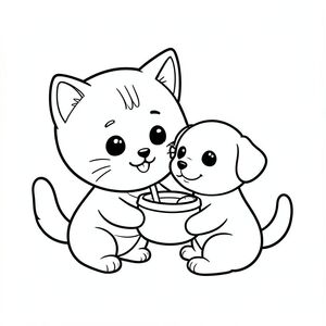 Baby cat gently feeding a small puppy with a bowl, friendly happy expression, Kawaii baby cat, big round head, tiny body, short legs, small paws, simple cute pose matching activity, large round eyes, small black nose, cute smile, chubby cheeks, 3 small lines on forehead, simple whiskers, 
small ears with inner detail, smooth tail curved, wearing simple shirt, thick bold clean outline, same line weight, no color, no shading, no grayscale, no extra detail, large open spaces, simple background, 
kid friendly style, ages 3 to 6 --ar 2:3