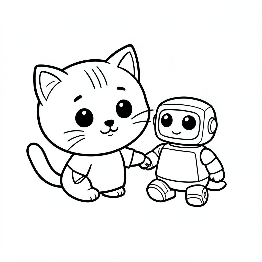 Baby cat interacting with a small cute toy robot, Kawaii baby cat, big round head, tiny body, short legs, small paws, simple cute pose matching activity, large round eyes, small black nose, cute smile, chubby cheeks, 3 small lines on forehead, simple whiskers, 
small ears with inner detail, smooth tail curved, wearing simple shirt, thick bold clean outline, same line weight, no color, no shading, no grayscale, no extra detail, large open spaces, simple background, 
kid friendly style, ages 3 to 6 --ar 2:3