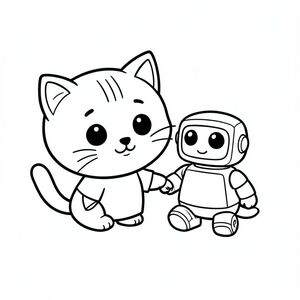 Baby cat interacting with a small cute toy robot, Kawaii baby cat, big round head, tiny body, short legs, small paws, simple cute pose matching activity, large round eyes, small black nose, cute smile, chubby cheeks, 3 small lines on forehead, simple whiskers, 
small ears with inner detail, smooth tail curved, wearing simple shirt, thick bold clean outline, same line weight, no color, no shading, no grayscale, no extra detail, large open spaces, simple background, 
kid friendly style, ages 3 to 6 --ar 2:3