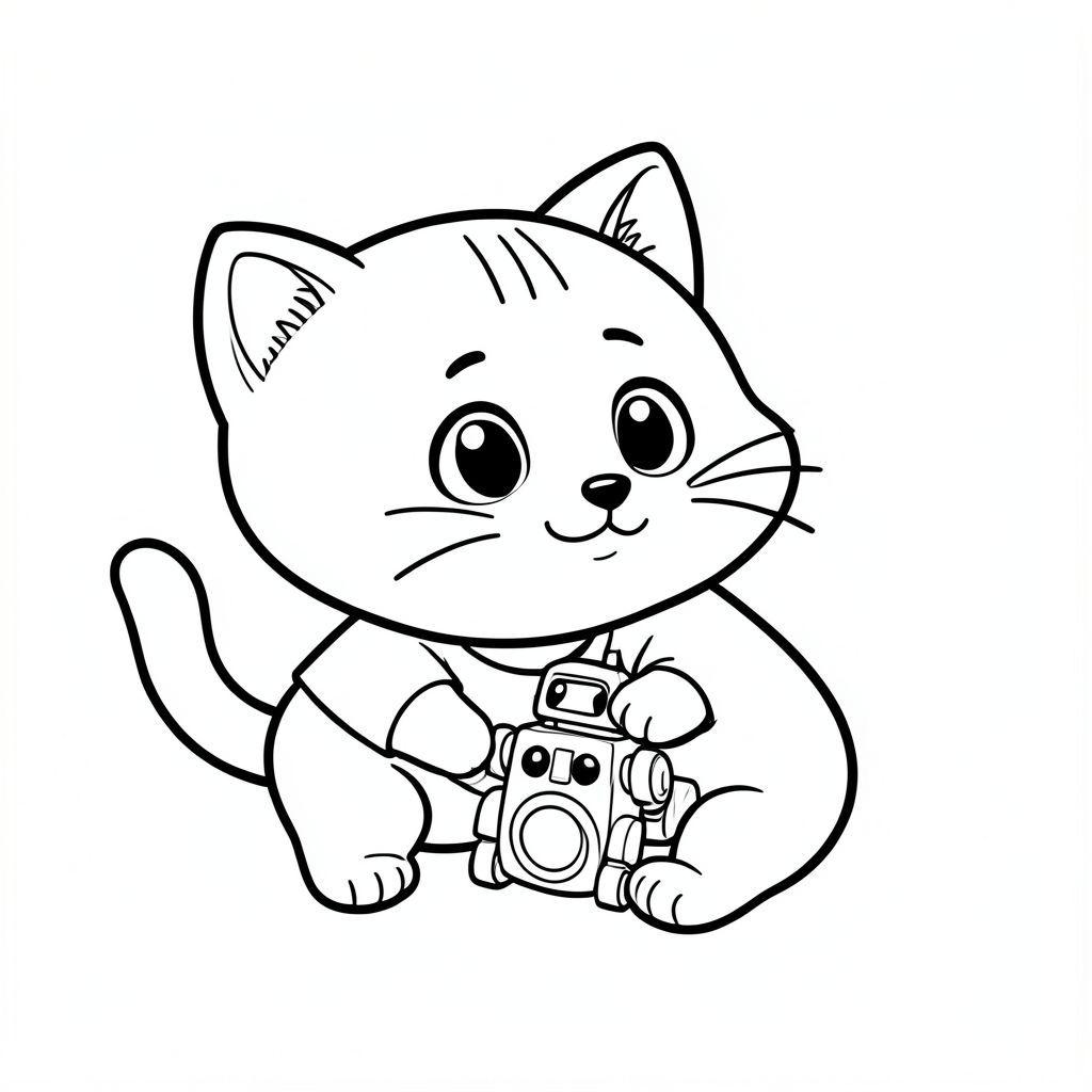 Baby cat playing with a small cute toy robot, Kawaii baby cat, big round head, tiny body, short legs, small paws, simple cute pose matching activity, large round eyes, small black nose, cute smile, chubby cheeks, 3 small lines on forehead, simple whiskers, small ears with inner detail, smooth tail curved, wearing simple shirt, thick bold clean outline,  same line weight, no color, no shading, no grayscale, no extra detail, large open spaces, simple background, kid friendly style, ages 3 to 6 --ar 2:3