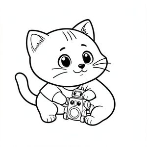 Baby cat playing with a small cute toy robot, Kawaii baby cat, big round head, tiny body, short legs, small paws, simple cute pose matching activity, large round eyes, small black nose, cute smile, chubby cheeks, 3 small lines on forehead, simple whiskers, small ears with inner detail, smooth tail curved, wearing simple shirt, thick bold clean outline,  same line weight, no color, no shading, no grayscale, no extra detail, large open spaces, simple background, kid friendly style, ages 3 to 6 --ar 2:3