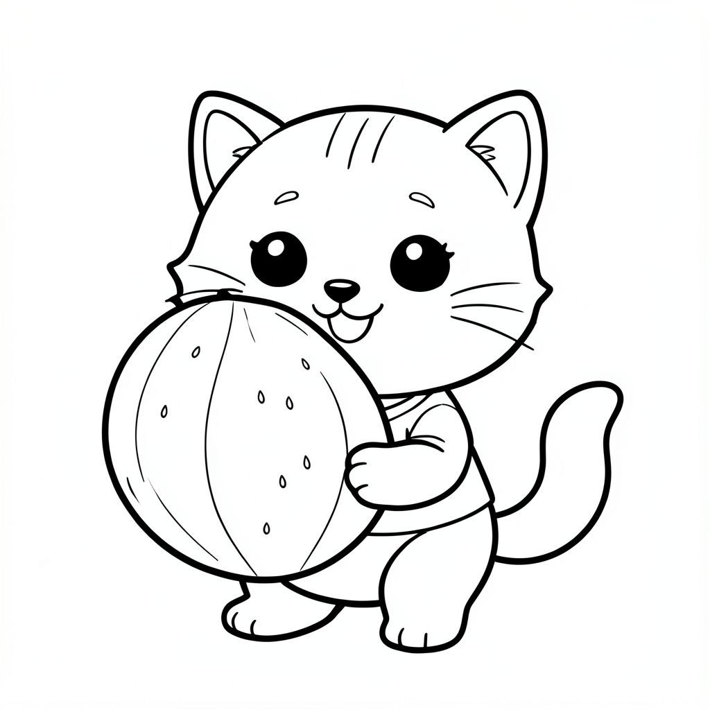 baby cat holding big watermelon, happy expression, Kawaii baby cat, big round head, tiny body, short legs, small paws, simple cute pose matching activity, large round eyes, small black nose, cute smile, chubby cheeks, 3 small lines on forehead, simple whiskers, small ears with inner detail, smooth tail curved, wearing simple shirt, thick bold clean outline,  same line weight, no color, no shading, no grayscale, no extra detail, large open spaces, simple background, kid friendly style, ages 3 to 6 --ar 2:3