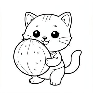 baby cat holding big watermelon, happy expression, Kawaii baby cat, big round head, tiny body, short legs, small paws, simple cute pose matching activity, large round eyes, small black nose, cute smile, chubby cheeks, 3 small lines on forehead, simple whiskers, small ears with inner detail, smooth tail curved, wearing simple shirt, thick bold clean outline,  same line weight, no color, no shading, no grayscale, no extra detail, large open spaces, simple background, kid friendly style, ages 3 to 6 --ar 2:3