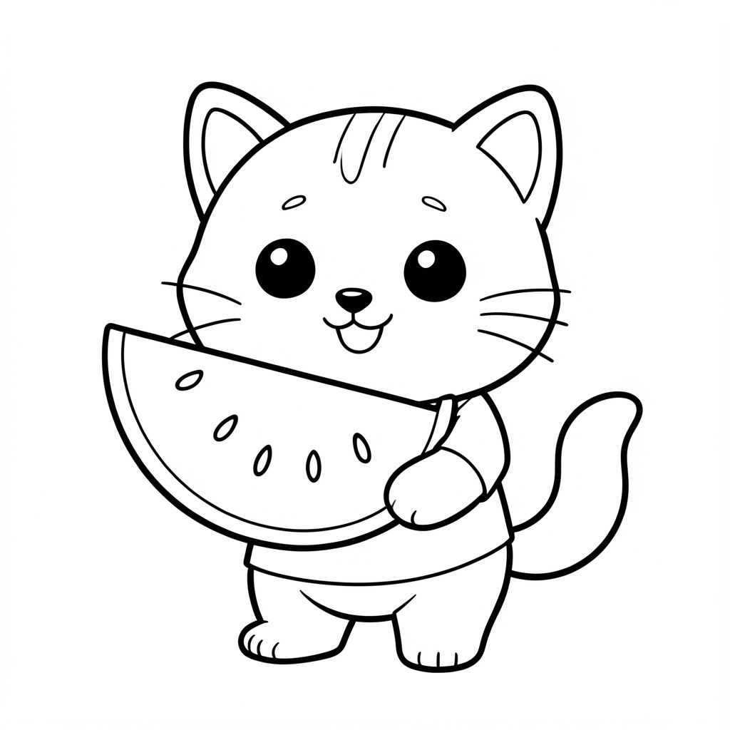 baby cat holding big one slice of watermelon, happy expression, Kawaii baby cat, big round head, tiny body, short legs, small paws, simple cute pose matching activity, large round eyes, small black nose, cute smile, chubby cheeks, 3 small lines on forehead, simple whiskers, small ears with inner detail, smooth tail curved, wearing simple shirt, thick bold clean outline,  same line weight, no color, no shading, no grayscale, no extra detail, large open spaces, simple background, kid friendly style, ages 3 to 6 --ar 2:3