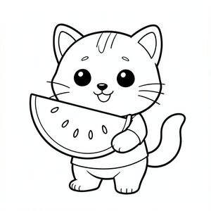baby cat holding big one slice of watermelon, happy expression, Kawaii baby cat, big round head, tiny body, short legs, small paws, simple cute pose matching activity, large round eyes, small black nose, cute smile, chubby cheeks, 3 small lines on forehead, simple whiskers, small ears with inner detail, smooth tail curved, wearing simple shirt, thick bold clean outline,  same line weight, no color, no shading, no grayscale, no extra detail, large open spaces, simple background, kid friendly style, ages 3 to 6 --ar 2:3