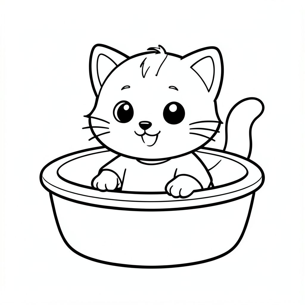 baby cat playing in simpe bath tube, happy expression, Kawaii baby cat, big round head, tiny body, short legs, small paws, simple cute pose matching activity, large round eyes, small black nose, cute smile, chubby cheeks, 3 small lines on forehead, simple whiskers, 
small ears with inner detail, smooth tail curved, wearing simple shirt, thick bold clean outline, same line weight, no color, no shading, no grayscale, no extra detail, large open spaces, simple background, 
kid friendly style, ages 3 to 6 --ar 2:3